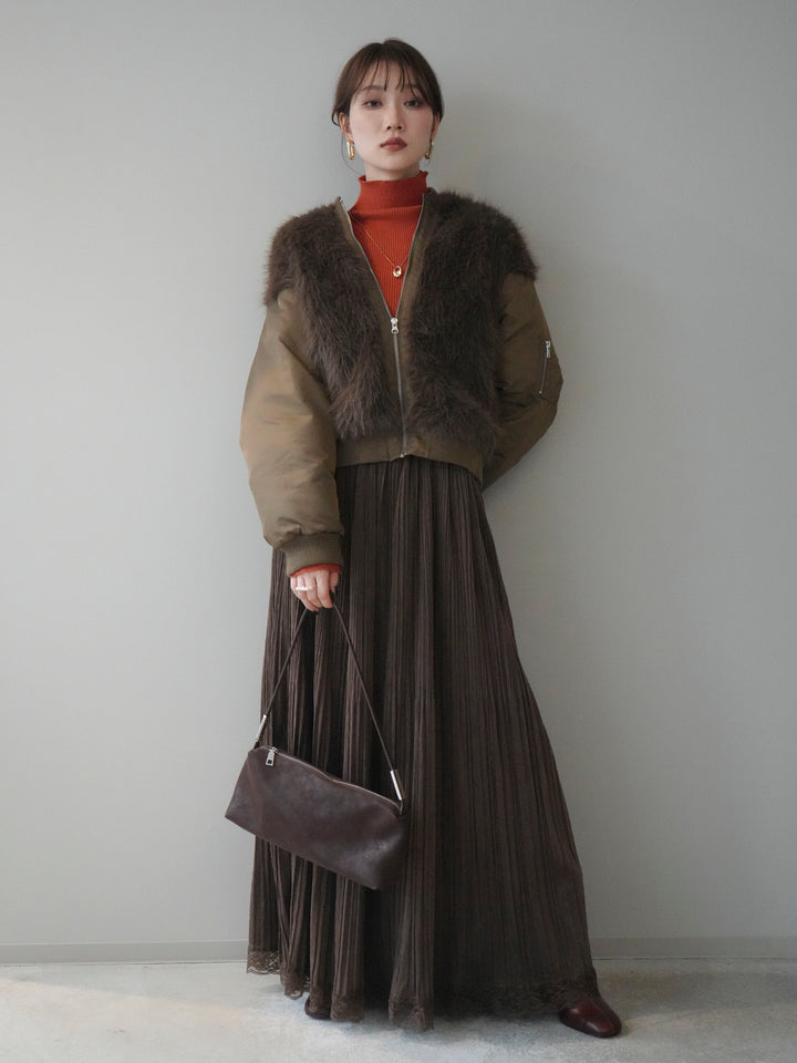 [SET]ファードッキングMA-1+袖ボタンボトルネックリブニットトップス+裾レーススウェードプリーツマキシスカート(3set)