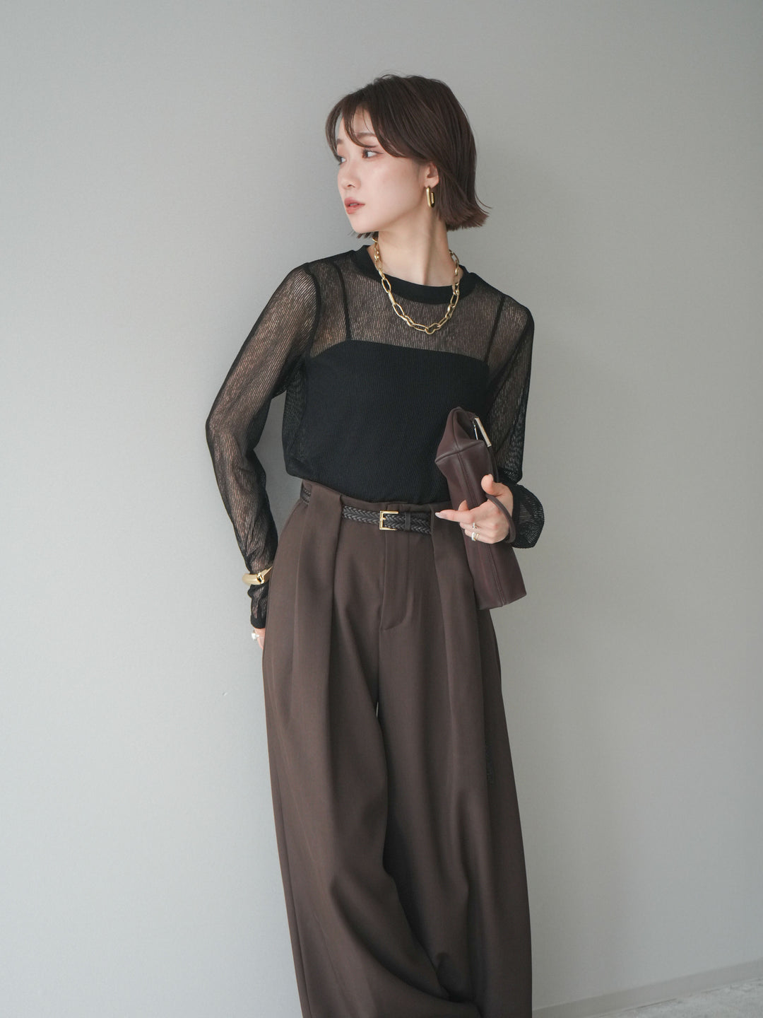 [SET]シアーストライプメッシュトップス+ドレープタックベルトループパンツ(2set)