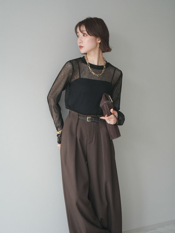 [SET]シアーストライプメッシュトップス+ドレープタックベルトループパンツ(2set)