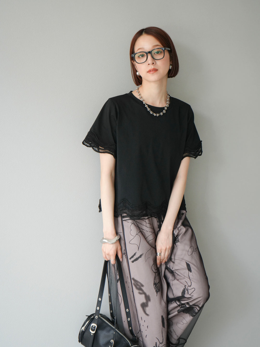 [SET]レース切替カットソー+コード刺繍チュールレイヤードパンツ(2set)