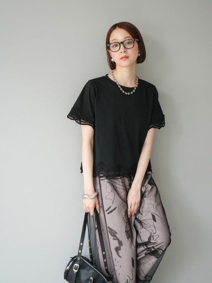 [SET]レース切替カットソー+コード刺繍チュールレイヤードパンツ(2set)
