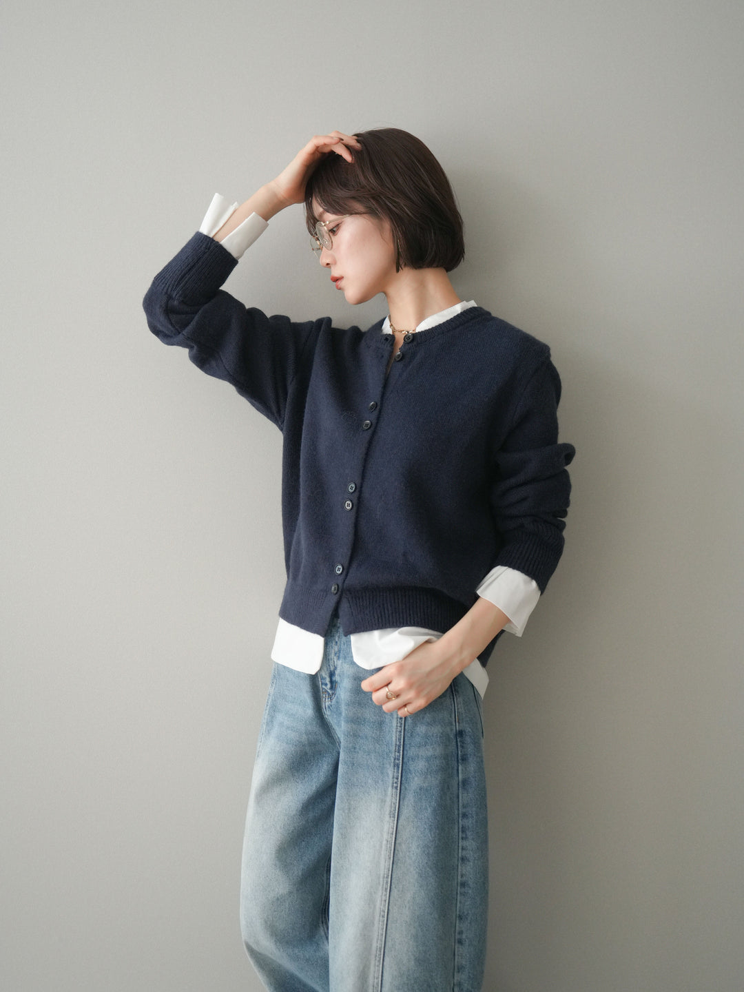 [SET]布帛ドッキングニットカーディガン+ガーメントウォッシュカーブデニムパンツ(2set)