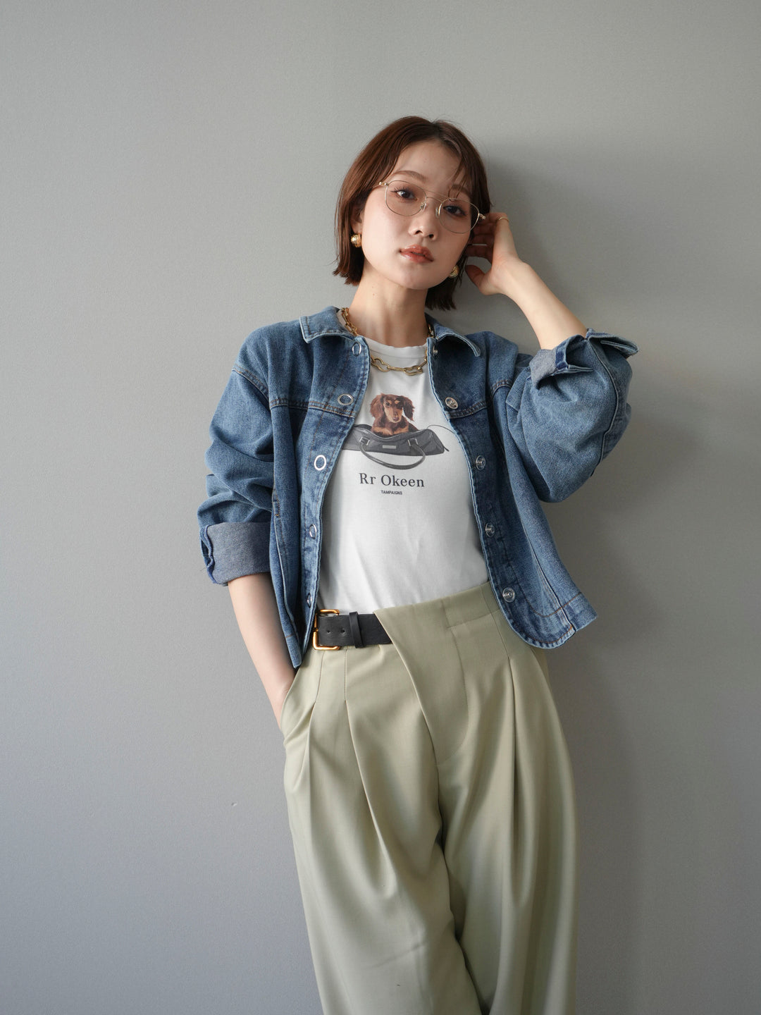 [SET]ラウンドカットコンパクトデニムジャケット+ドッグコンパクトTEE+アシンメトリーベルトタックワイドパンツ(3set)