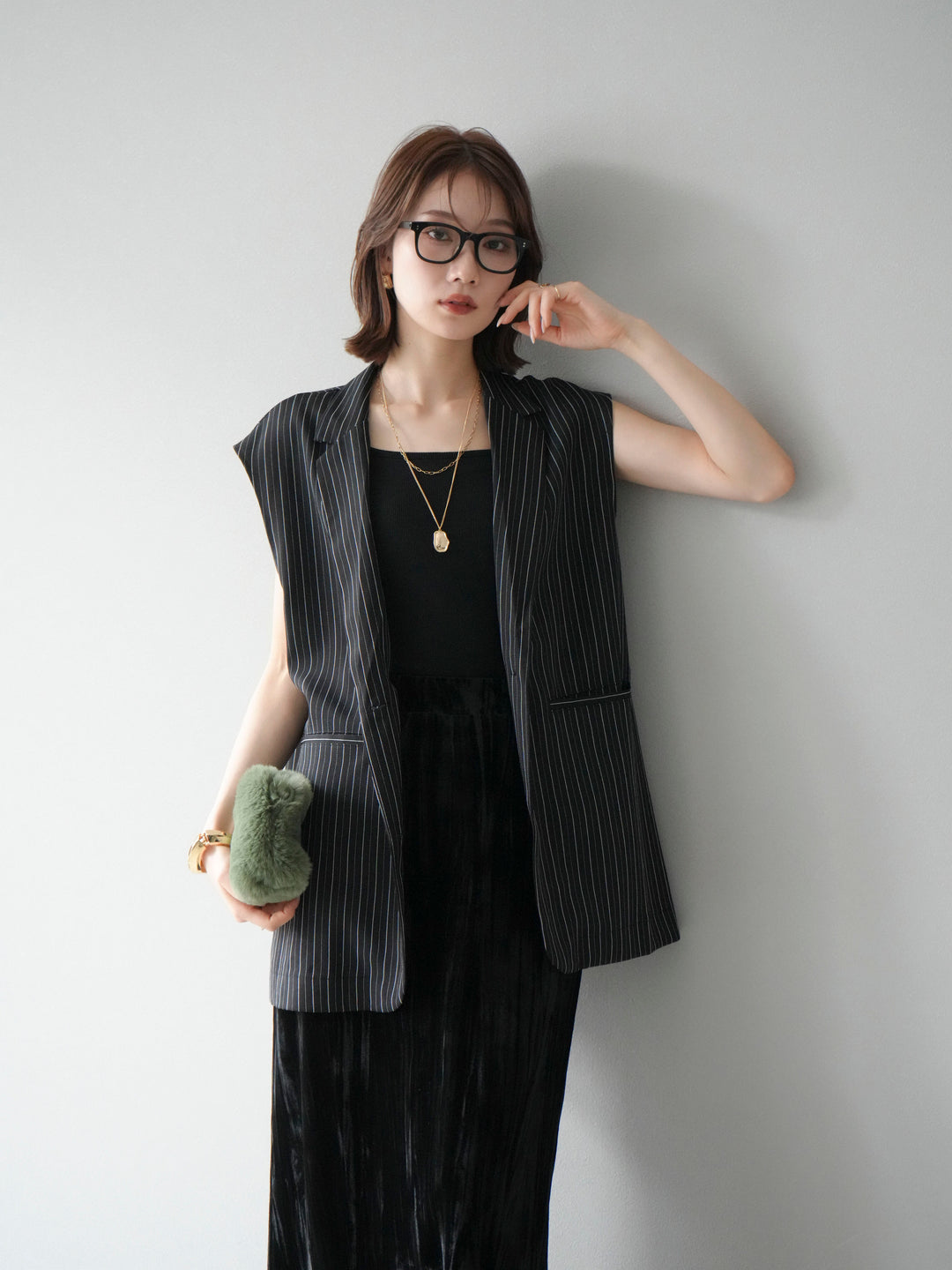 [予約]ヘリンボーンストライプジレ/ブラック