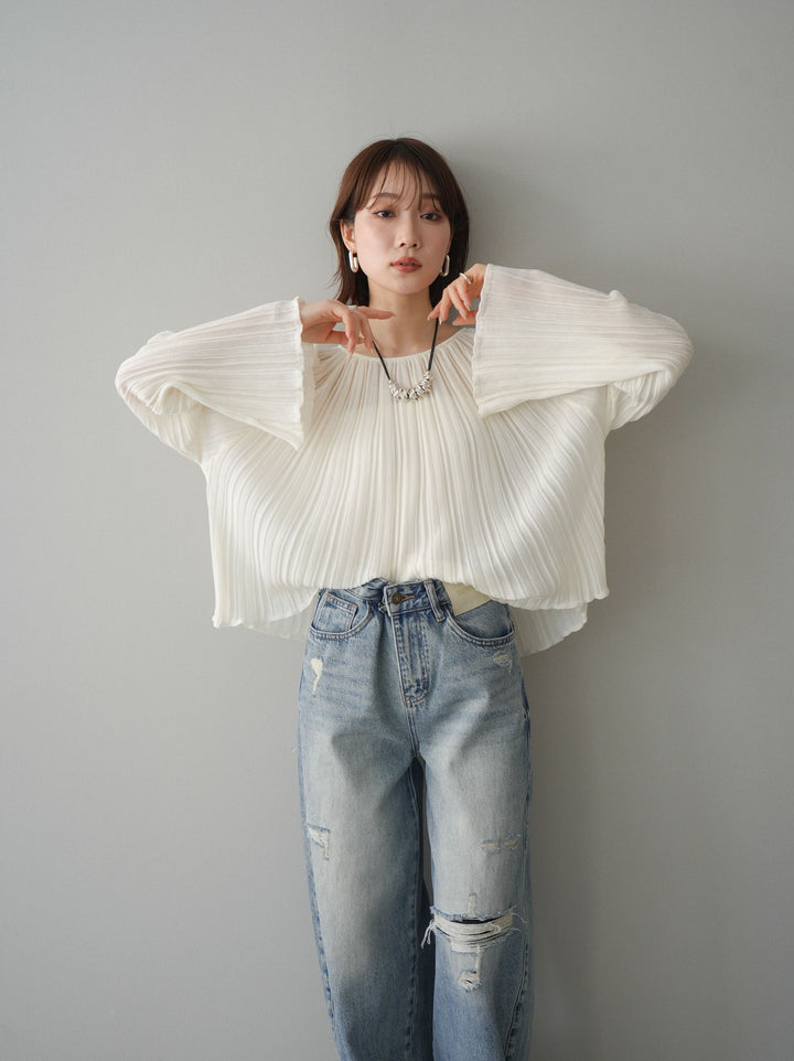 [SET]プリーツシアーフレアスリーブニットトップス+ダメージデニムセミワイドパンツ(2set)