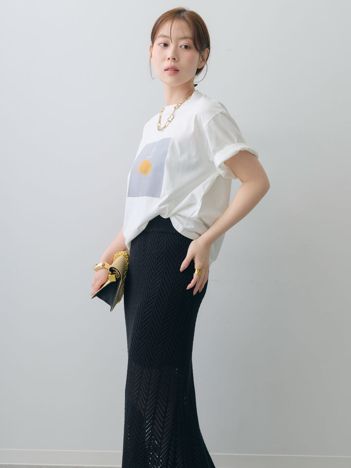 [SET]ニュアンスフローラルフォトTEE+クロシェシアーセミフレアスカート(2set)