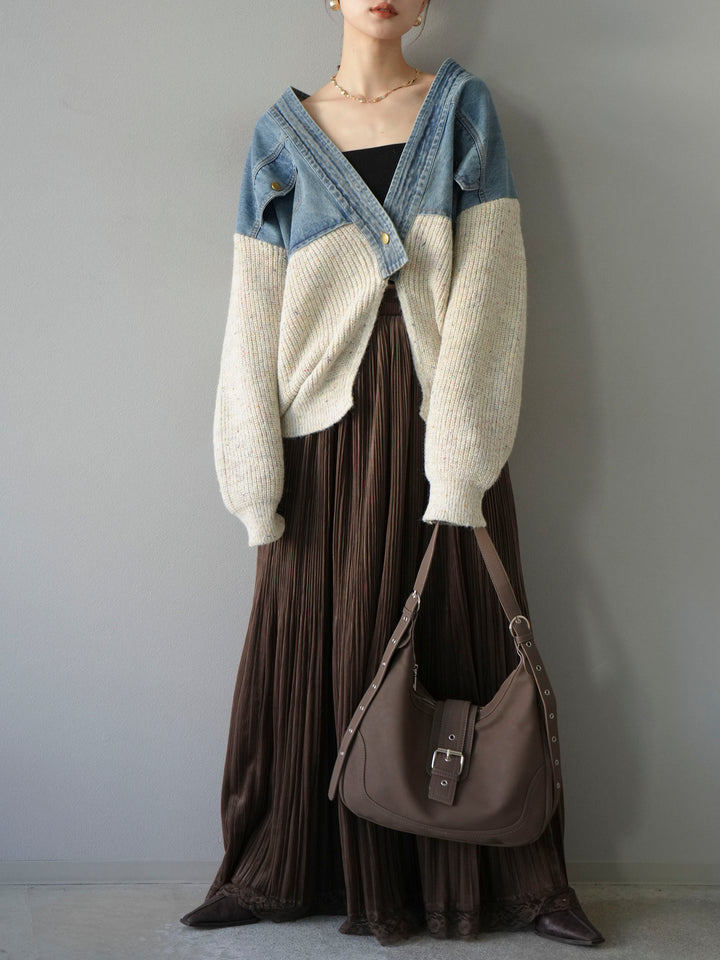 [予約]デニム切替ネップニットカーディガン/アイボリー