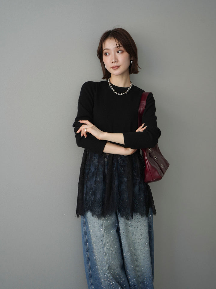 [SET]クルーネックレースドッキングリブニットトップス+フロントビジューカーブデニムパンツ(2set)