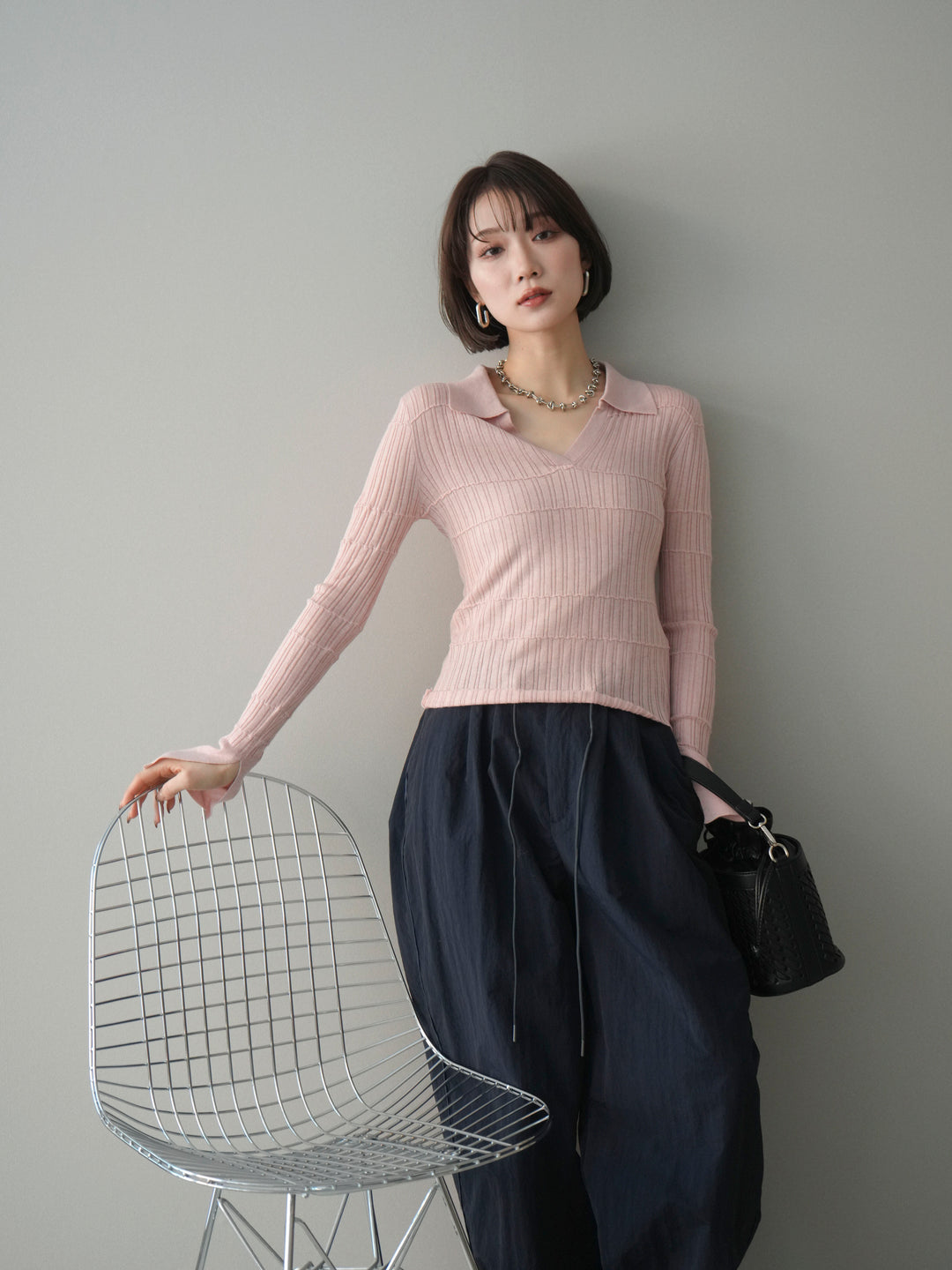 [予約]シアーリブスキッパーニットトップス/pink