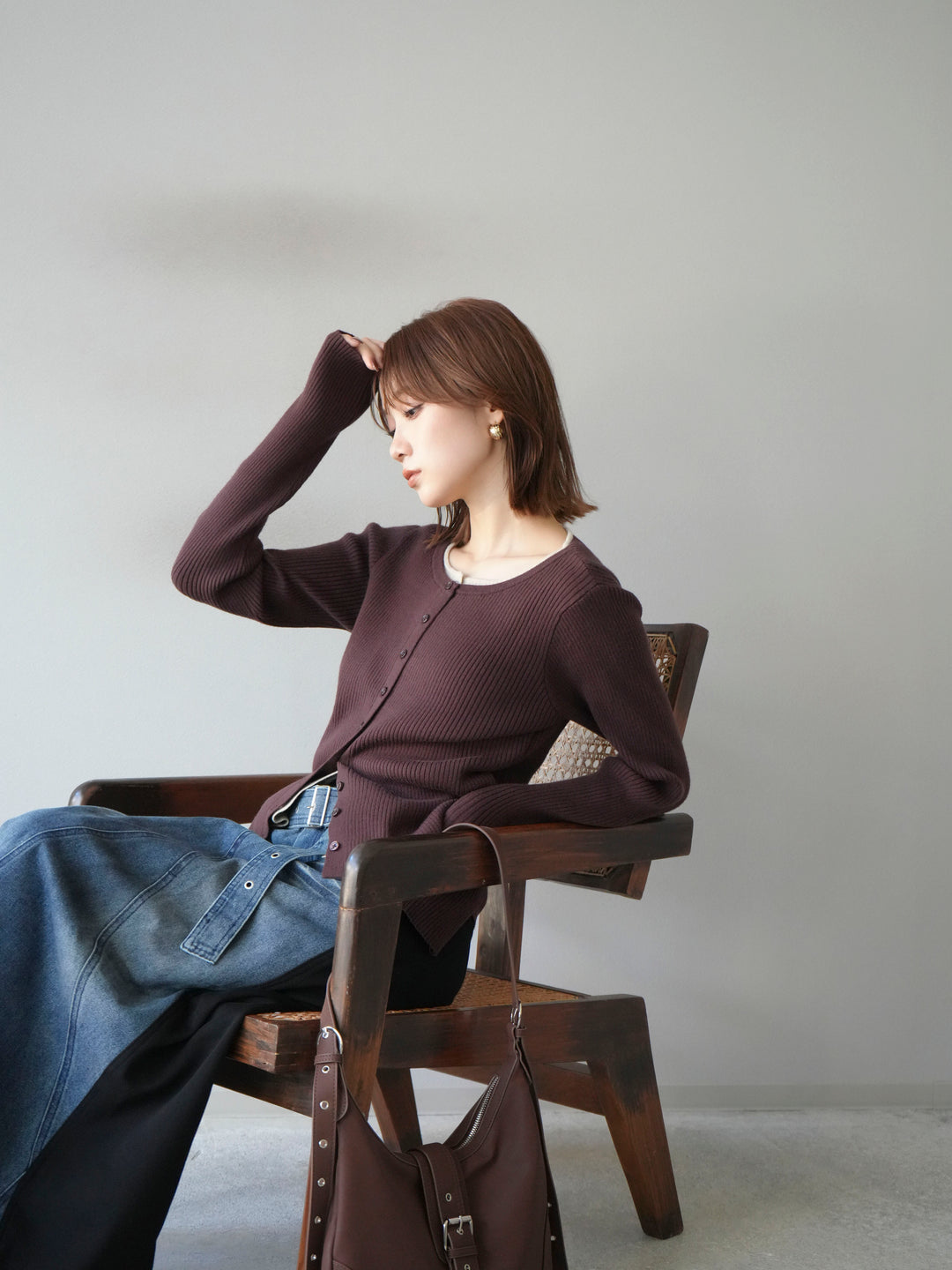 [予約]レイヤード配色ニットカーディガン/ブラウン