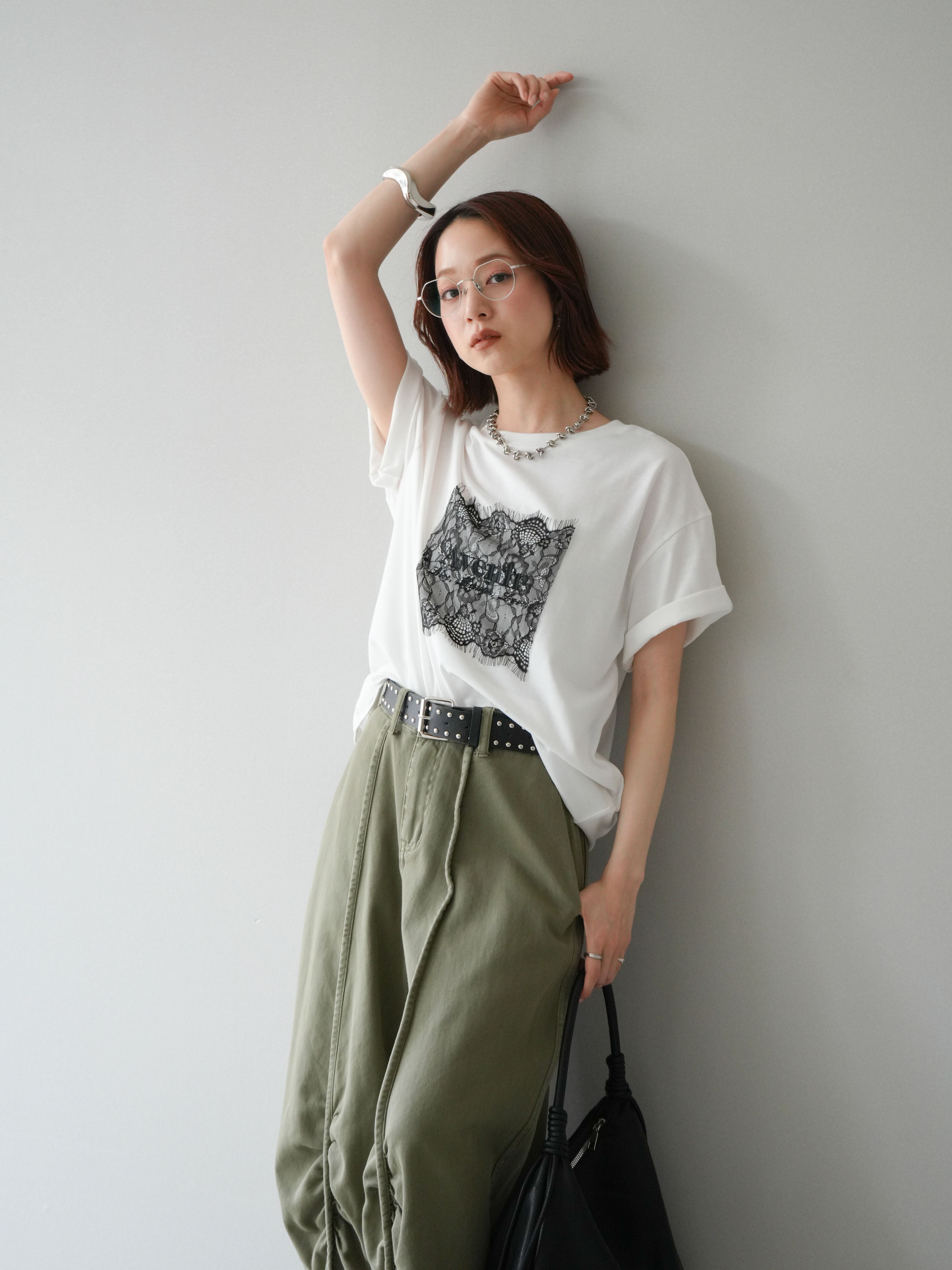 SET]レースコラージュロゴTシャツ+ベルト付センターギャザーワイド