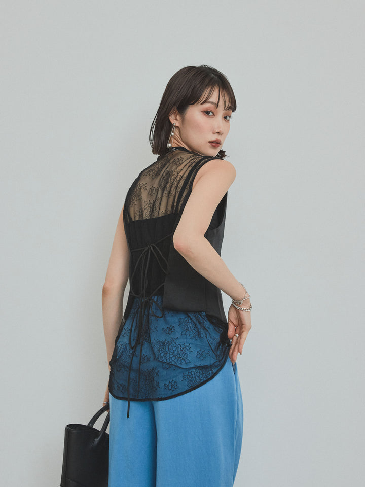 [預購] 緞面 x 蕾絲背心/黑色