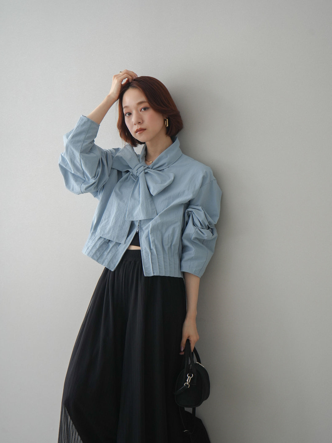 [SET]ボウタイ裾プリーツライトジャケット+ストライプチュールボリュームバギーパンツ(2set)