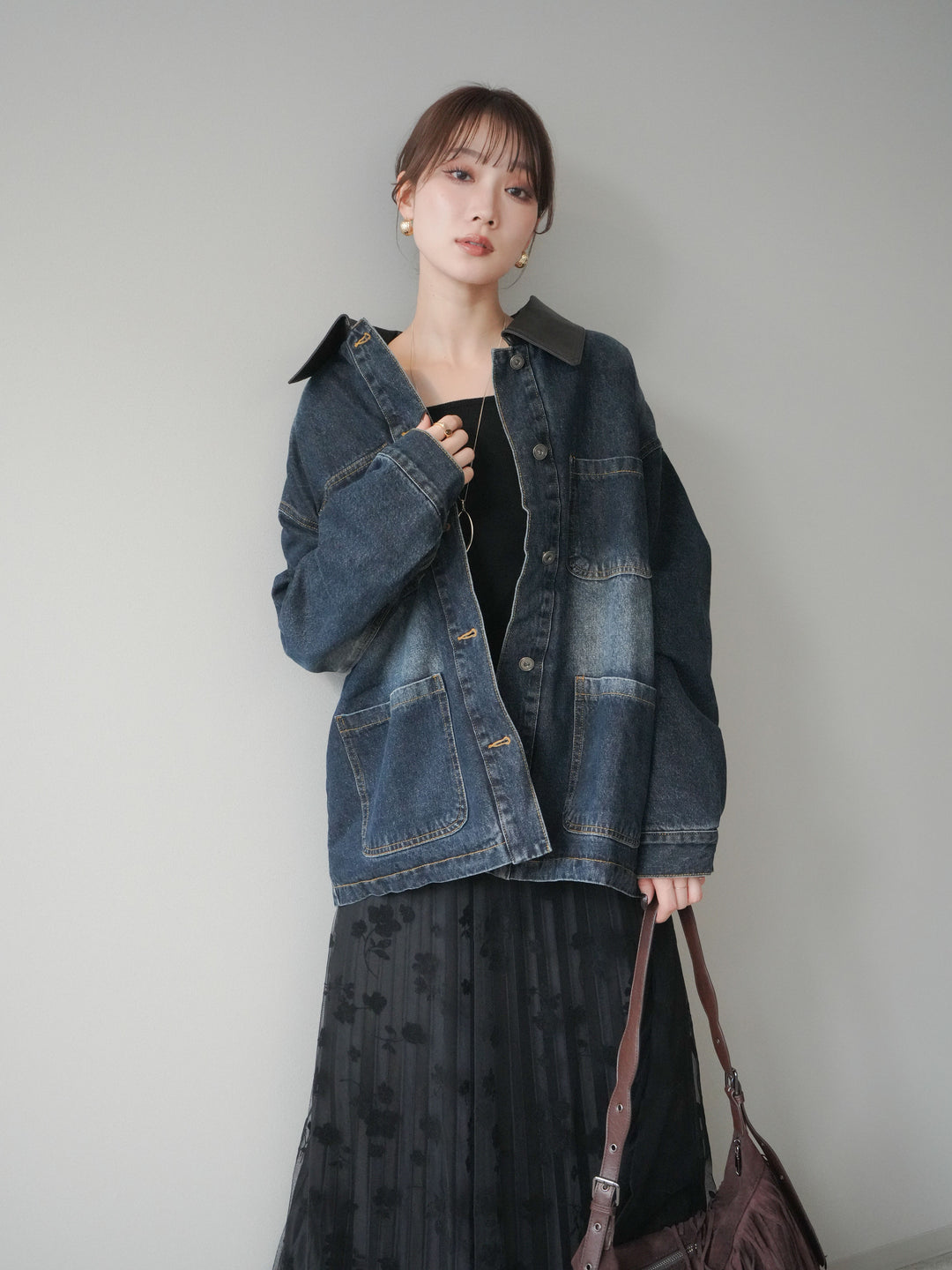 [SET]裏地ファーデニムフライトジャケット+フラワーフロッキーチュールプリーツスカート(2set)