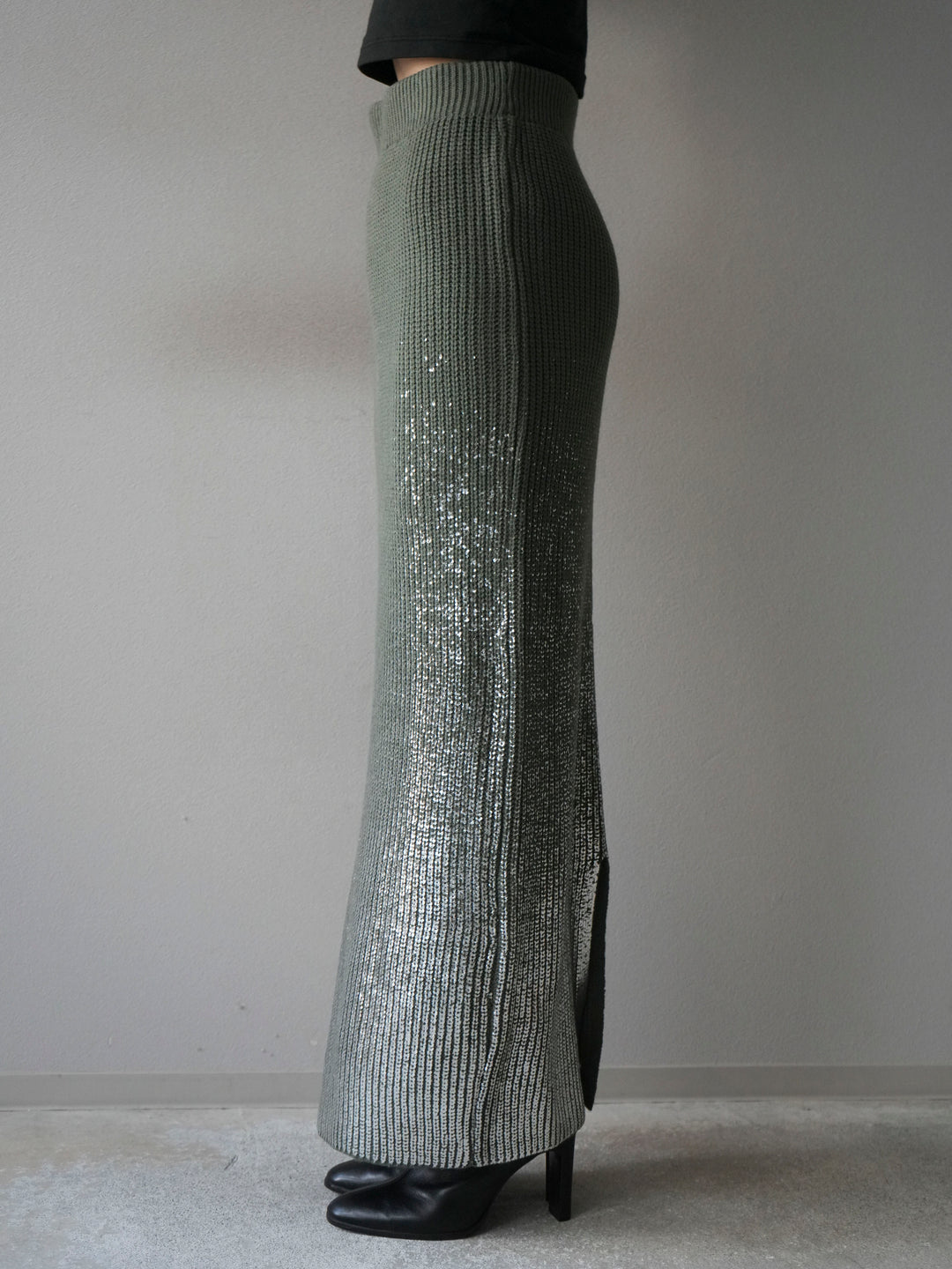 [予約]箔プリントニットタイトスカート/ashgreen