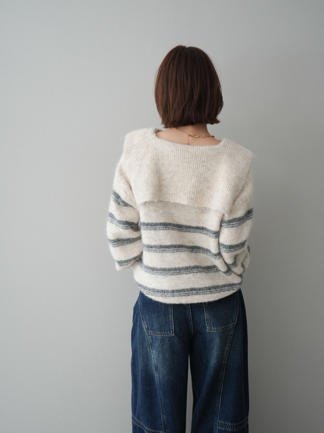 [SET]ハーフジップボーダーニットプルオーバー+裏起毛加工デニムカーブパンツ(2set)