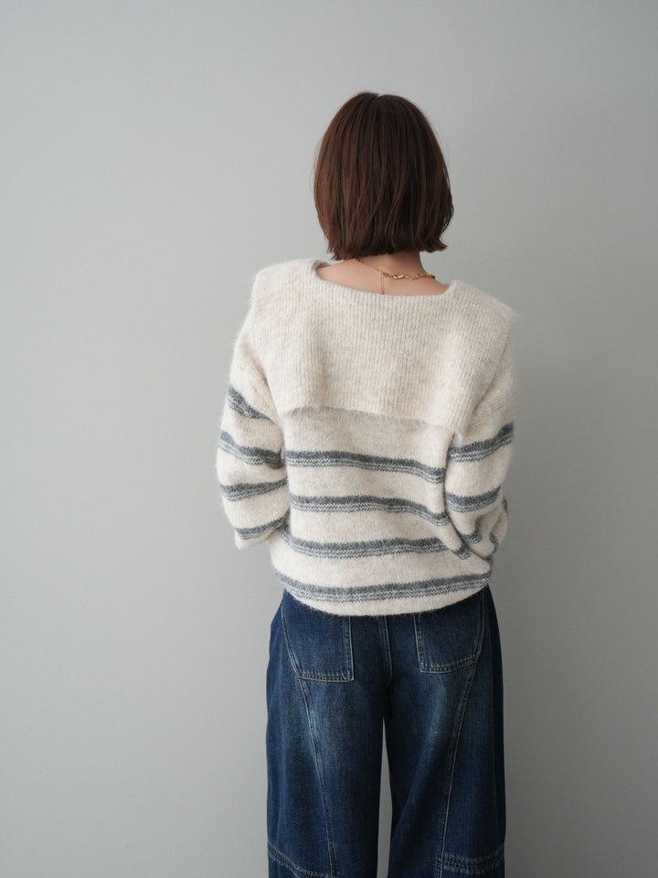 [SET]ハーフジップボーダーニットプルオーバー+裏起毛加工デニムカーブパンツ(2set)