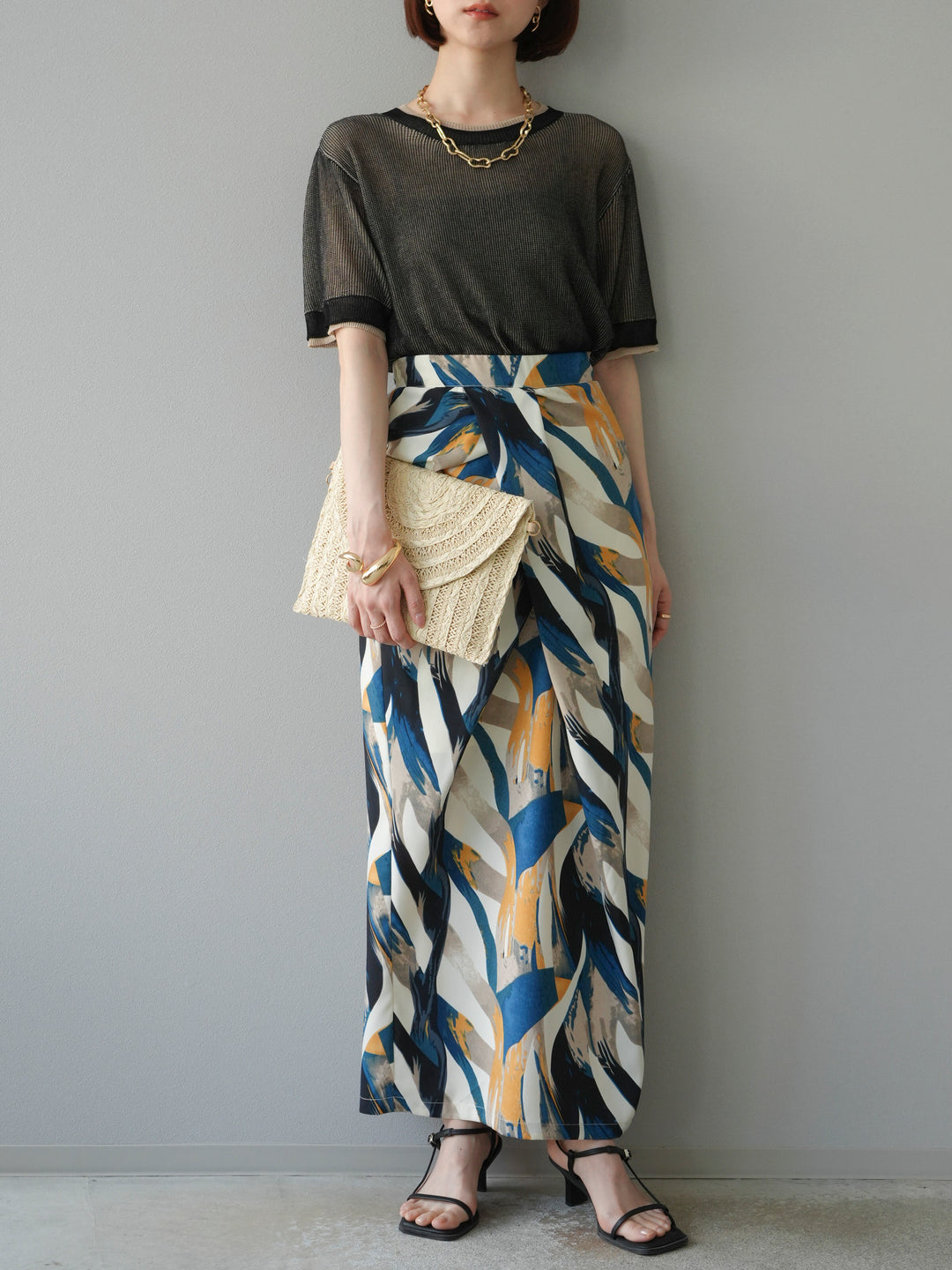 [SET]リネンタッチ配色二重臼ハーフニットトップス+選べるアソート柄スカートセット(2set)