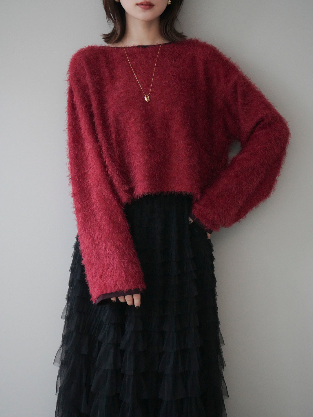 [予約]バイカラー2WAYシャギーニットカーディガン/red