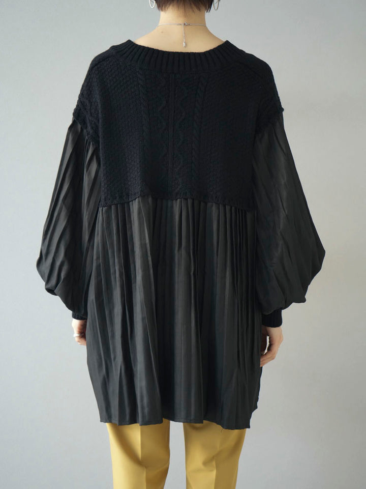 [Pre-order] Pleated blouse docking key neck knit pullover/black