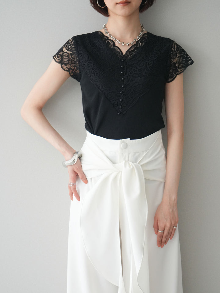 [SET]パールボタンレース切替ニットトップス+パールボタンレース切替ニットトップス(2set)