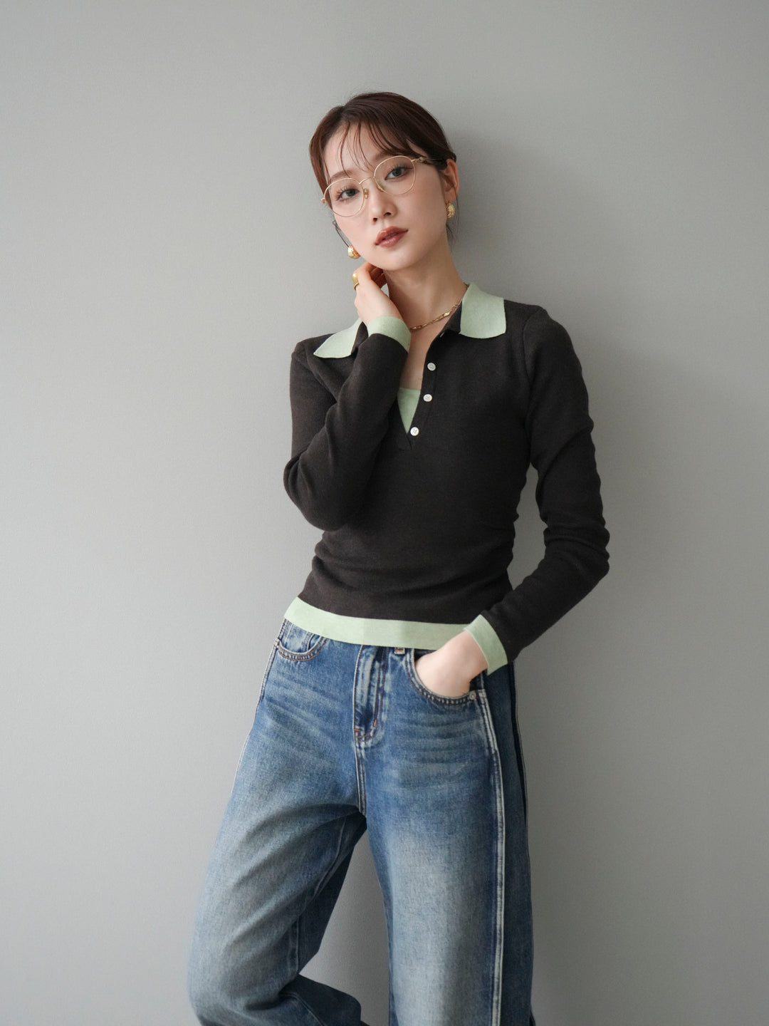 [予約]レイヤード配色ポロニットトップス/darkbrown