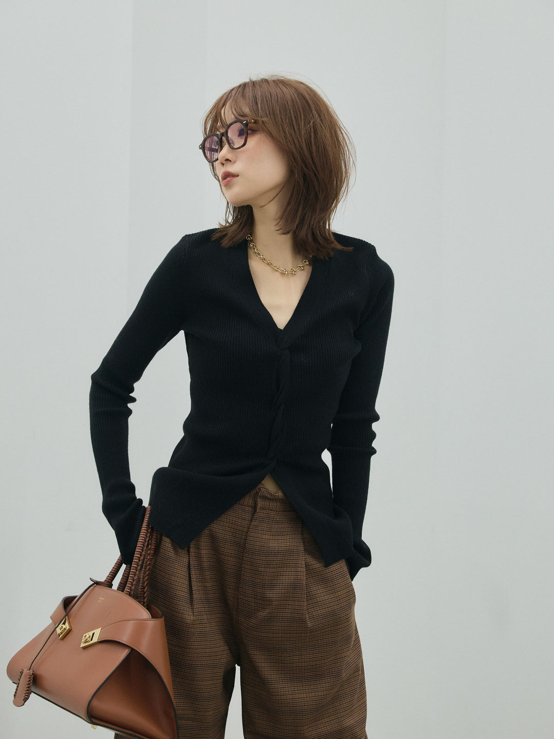 【Allure】[SET]フロントツイストリブニットトップス+チェック柄タックワイドパンツ(2set)