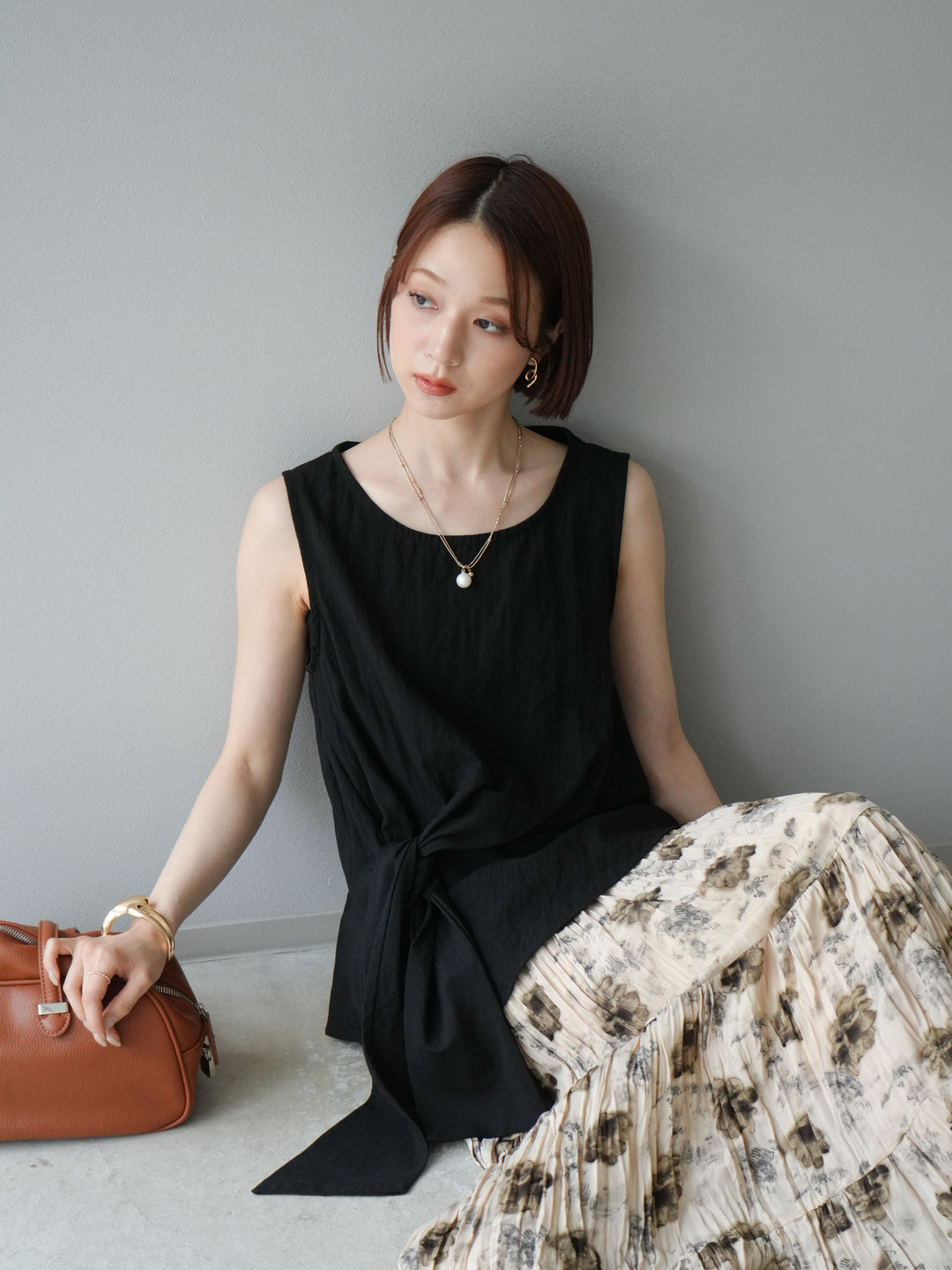 [SET]フロント巻きノースリーブブラウス+フラワーワッシャーロングスカート(2set)