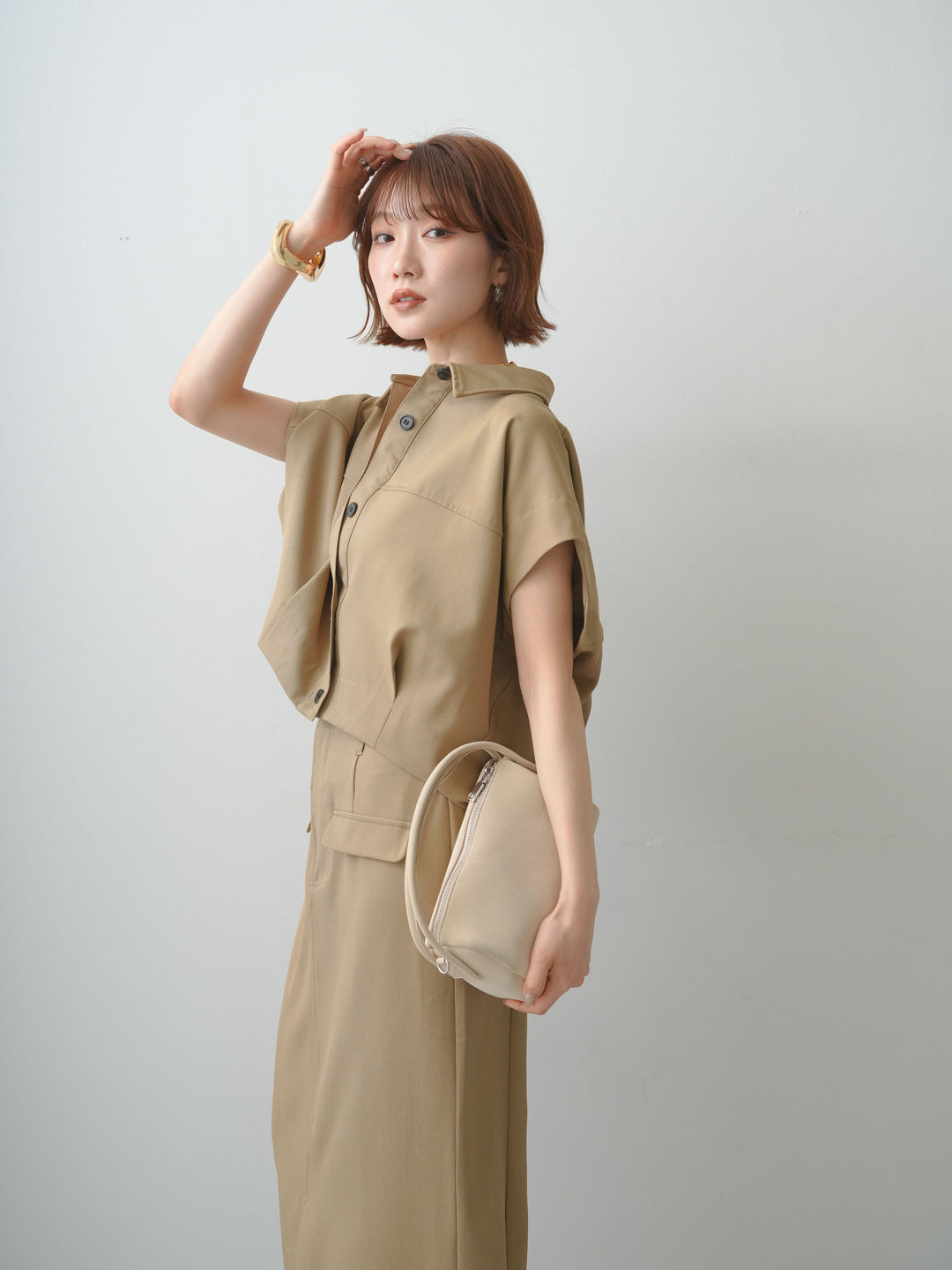 [SET]クレープデシンランタンノースリシャツ+クレープデシンフラップ付きストレートスカート(2set)