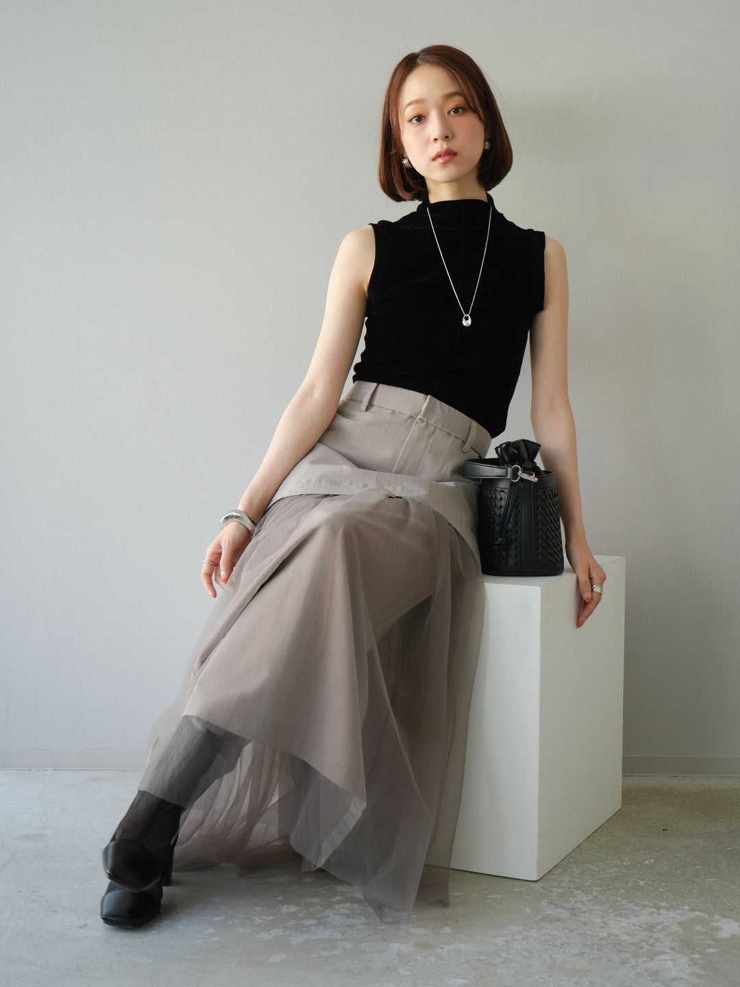 [予約]シアーベロアプチネックノースリーブトップス/ブラック