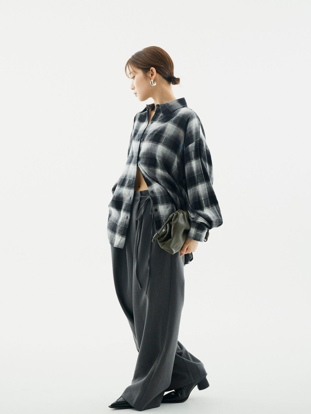 【Allure】[SET]オンブレチェックオーバーシャツ+ラップデザインタックワイドパンツ(2set)