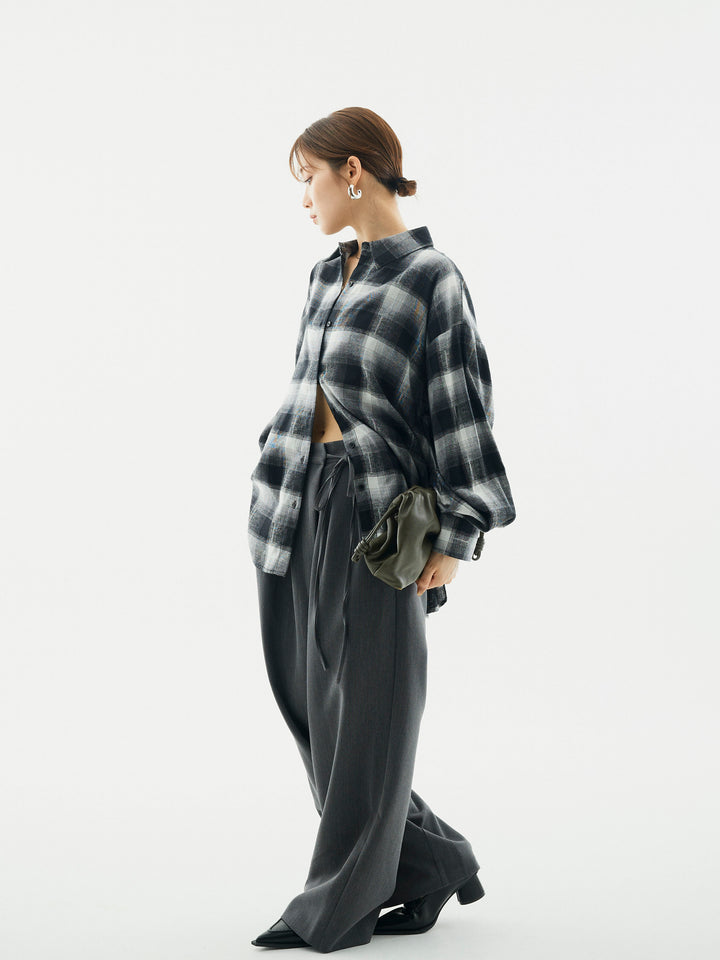 【Allure】[SET]オンブレチェックオーバーシャツ+ラップデザインタックワイドパンツ(2set)