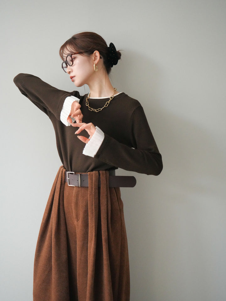 [予約]袖プリーツ配色レイヤードトップス/brown