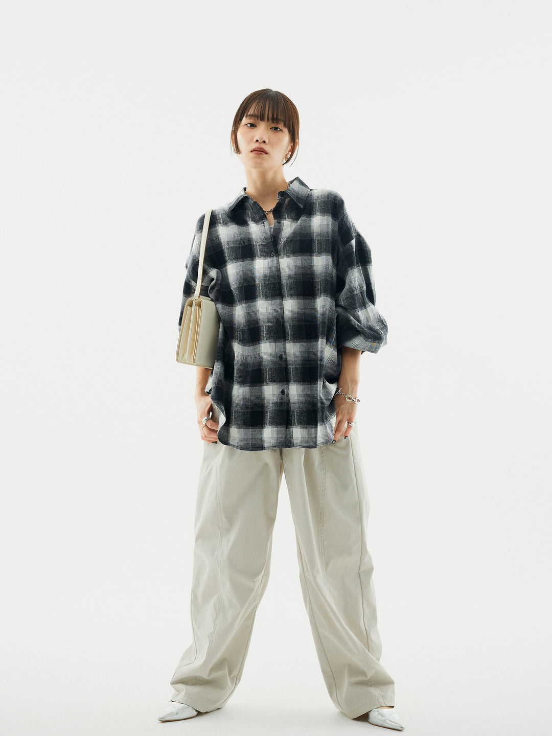 【Allure】[SET]オンブレチェックオーバーシャツ+タフタワイドカーブパンツ(2set)