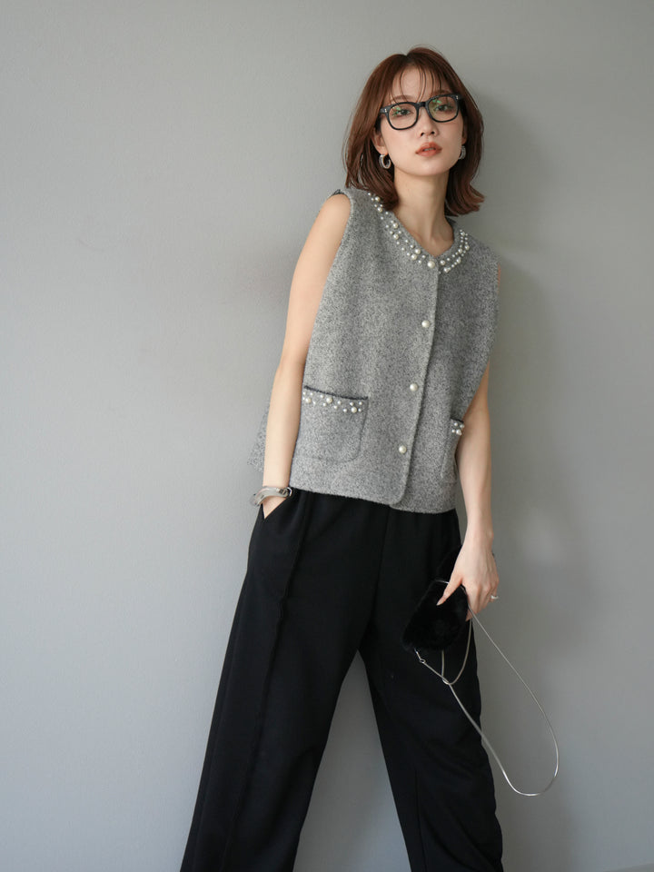 [予約]パールデザインツイードライクニットベスト/グレー