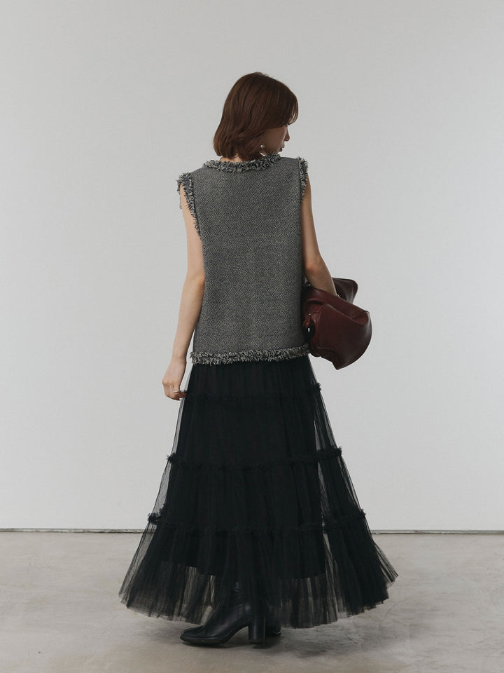 【Allure】[SET]アンティークボタンツイードフリンジニットベスト+チュールティアードフレアスカート(2set)