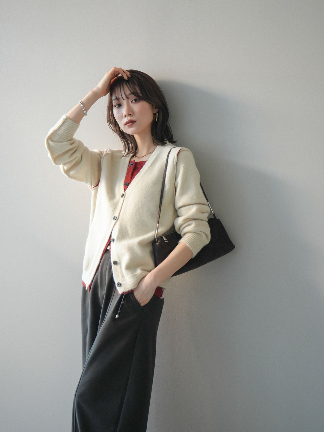 [SET]配色レイヤードニットカーディガン+選べるアクセセット(2set)