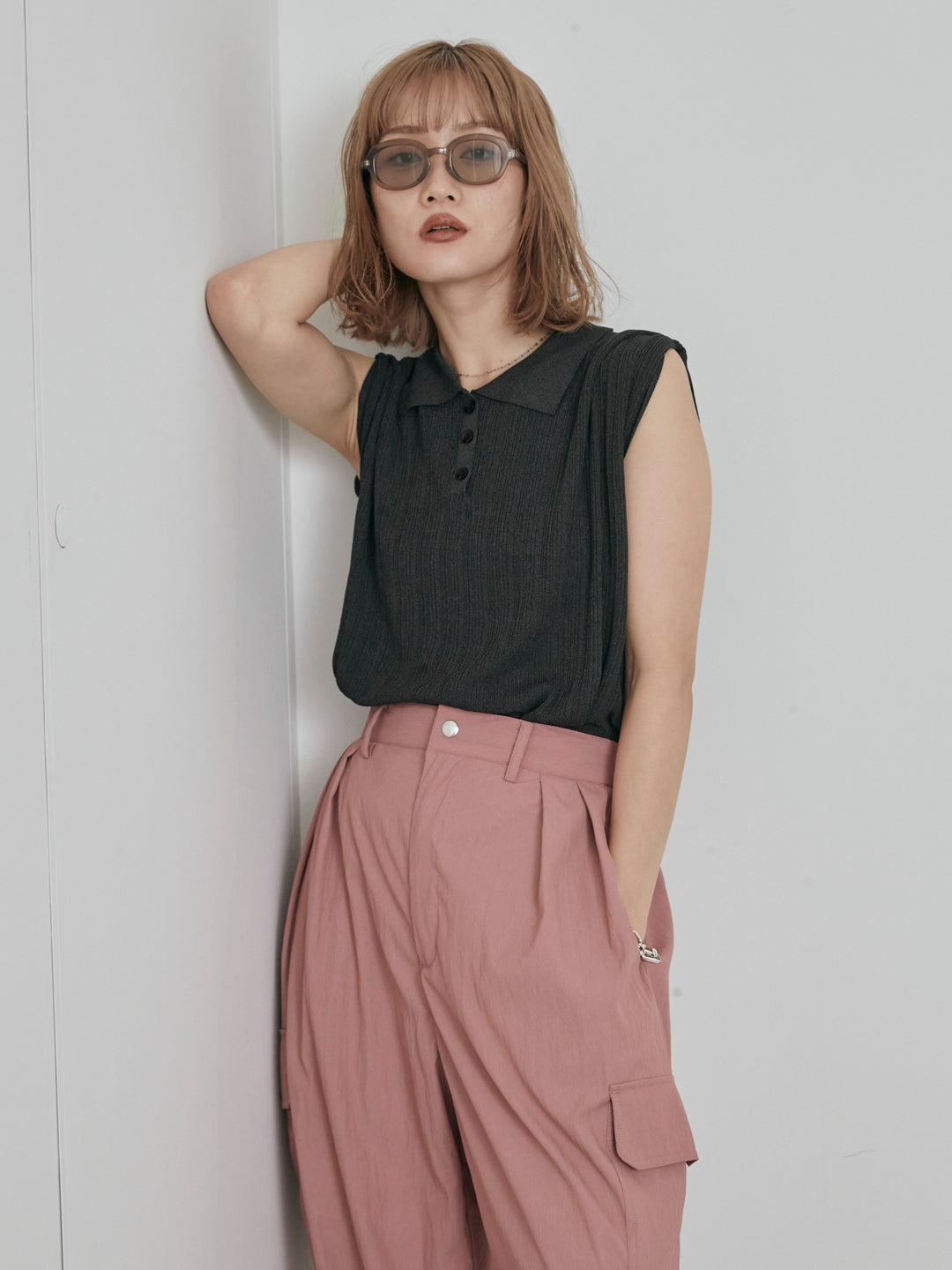 [予約]ランダムリブポロニットベスト/チャコール