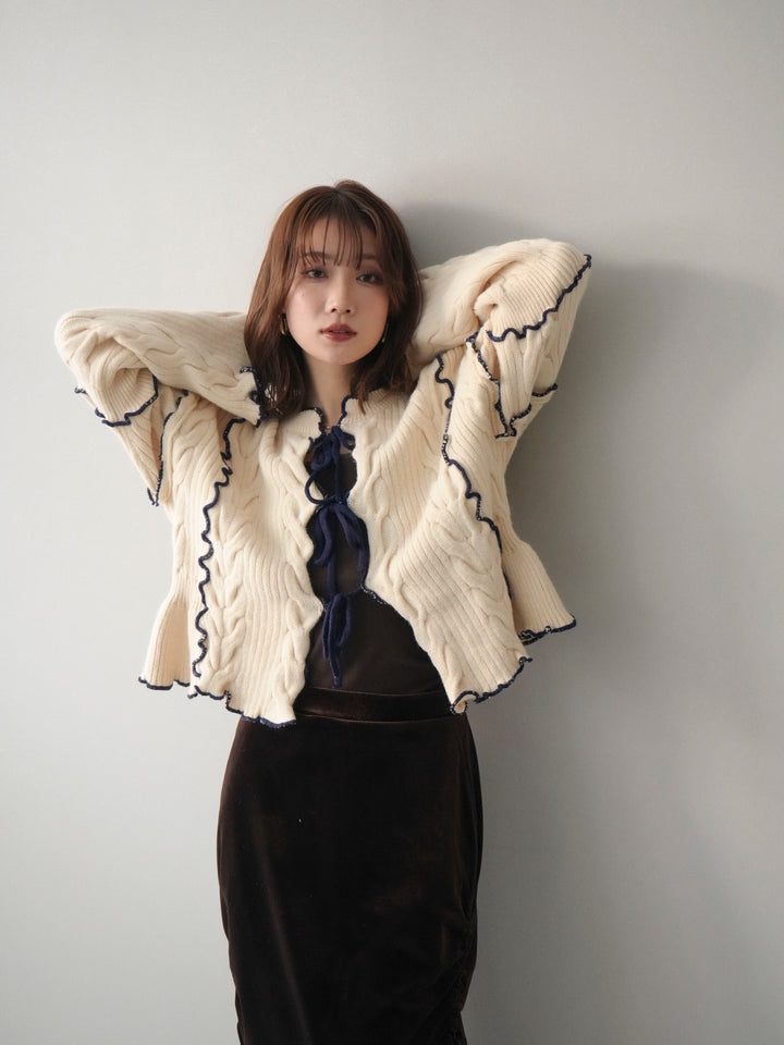 [SET]フロントリボン配色メローニットカーディガン+選べるアクセセット(2set)