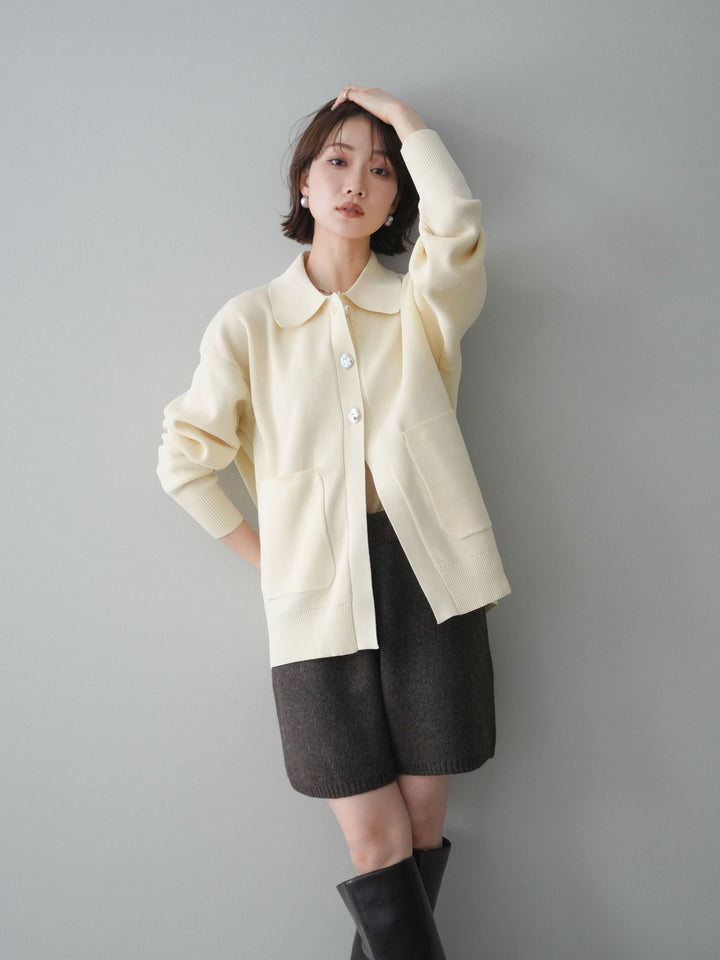 [予約]メタルボタン襟付きポリエステルニットカーディガン/ivory