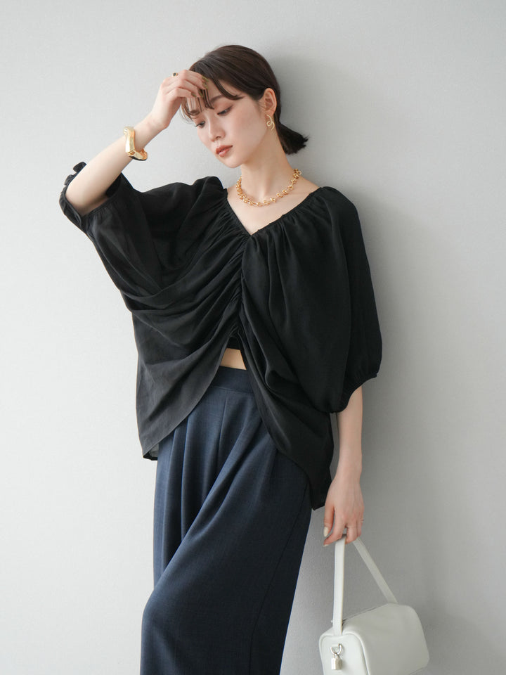 [SET]ボリュームスリーブシアータックブラウス+リネンライクイージーワイドパンツ(2set)