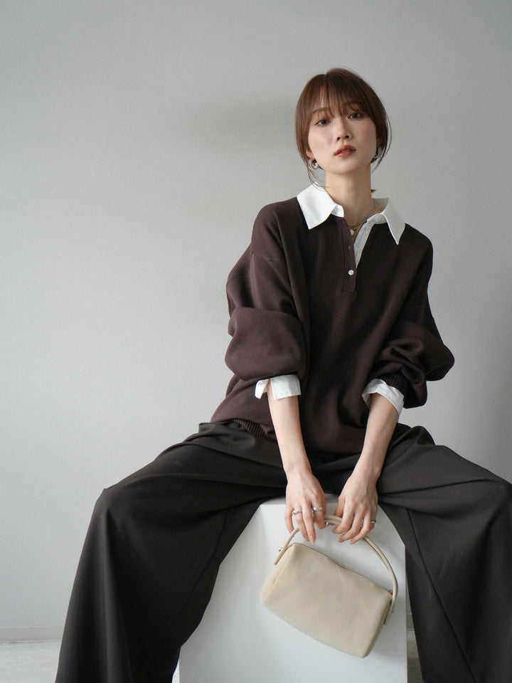 【SET】翻領polo針織套衫+雙褶闊腿褲（2件組）