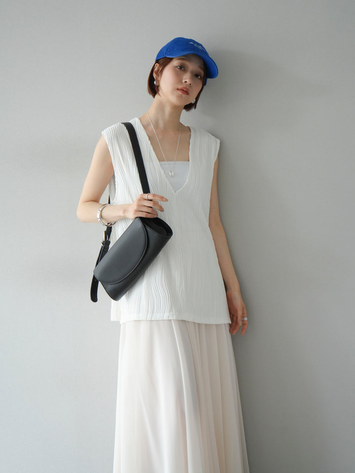 [SET]ウェーブパイピングVネックベスト+シフォンフレアスカート(2set)