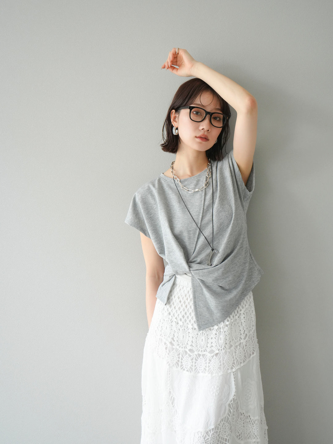 [予約]カシュクールTシャツ＆コームネックレスSET /グレー