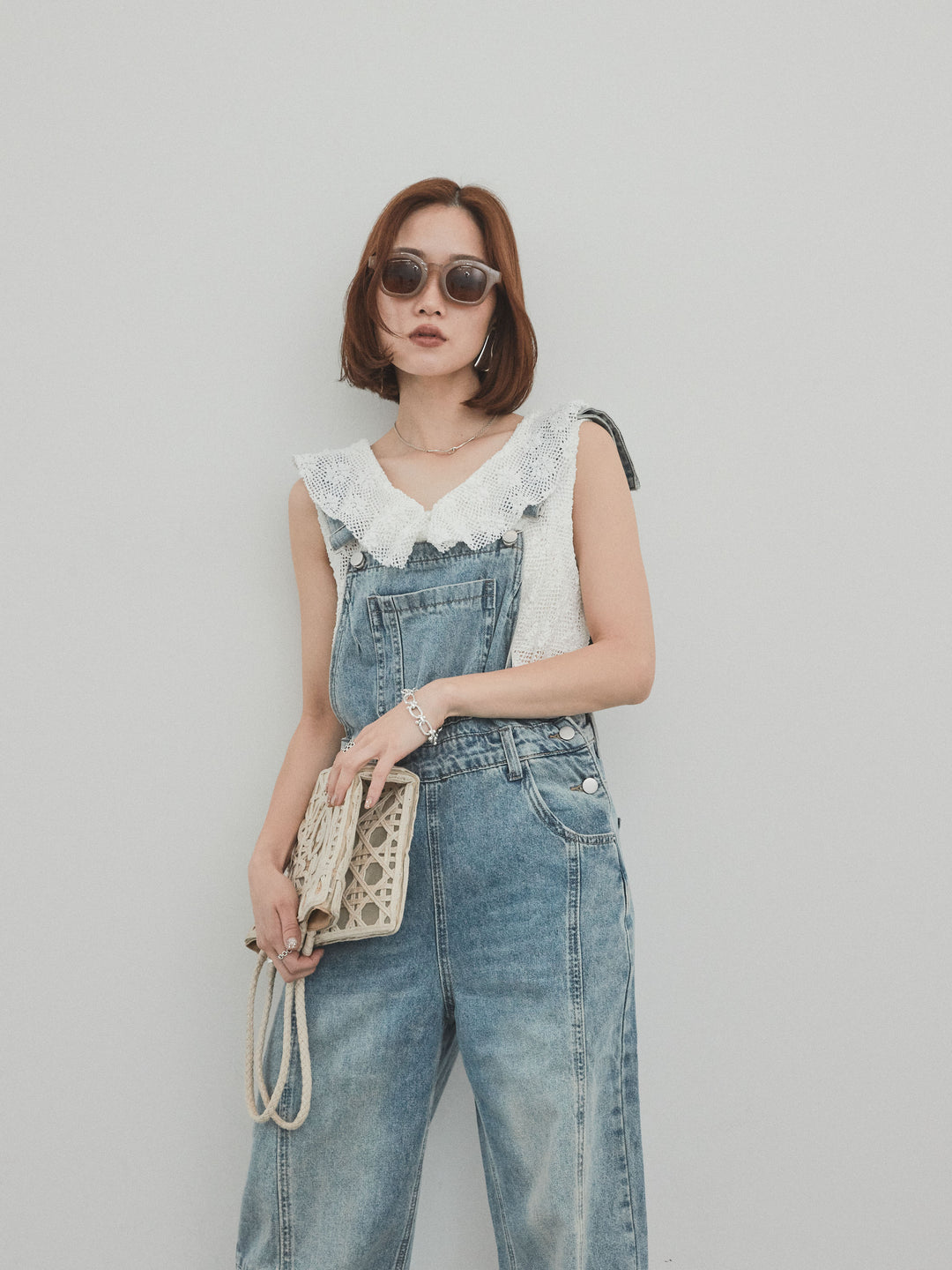 [予約]センターシームデニムサロペット /ライトブルー