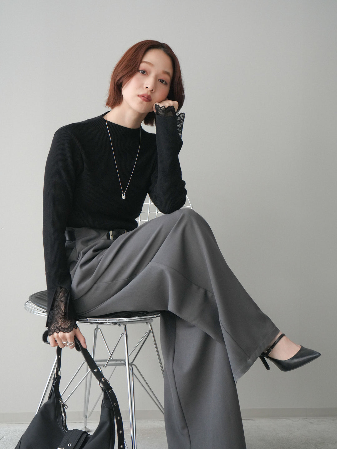 [SET]袖スカラップレースオフネックニットトップス+ベルトループデザインワイドパンツ(2set)