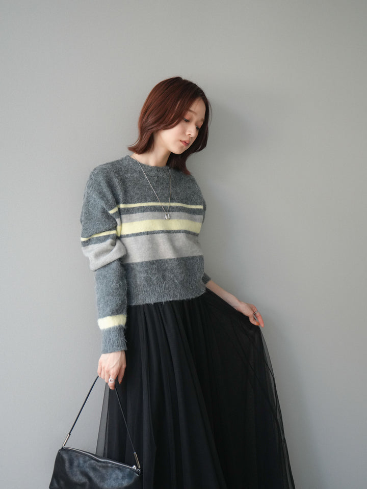 [SET]ソフトタッチボーダークロップドニットプルオーバー+チュールボリュームスカート(2set)