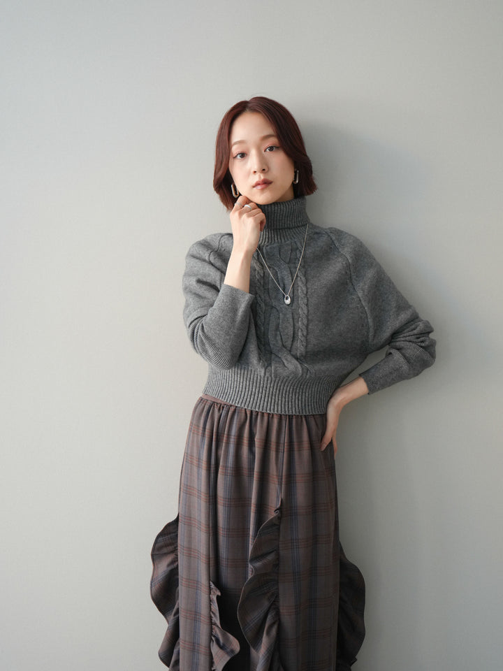 [予約]ケーブル編みタートルハーフスリーブニットアンサンブル/gray