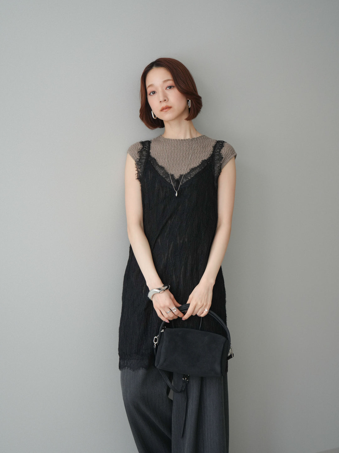 [予約]レース切替ジャガードニットロングキャミソール/black
