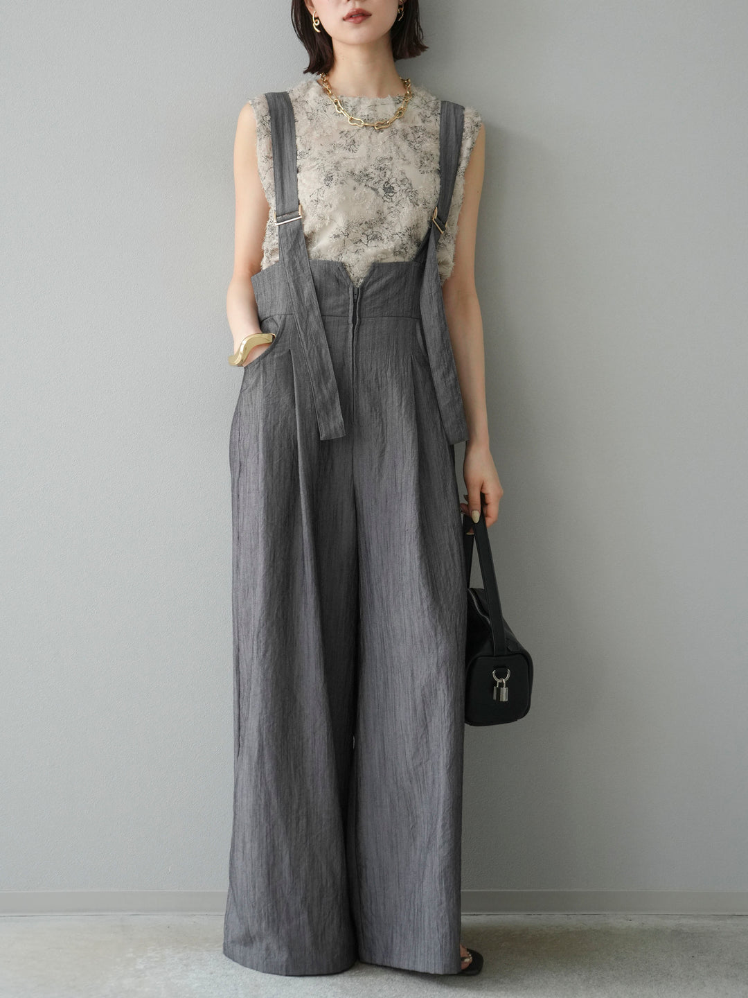 [予約]ストリングデザインハイウエストサロペット/チャコール